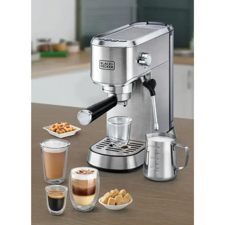 ماكينة تحضير الاسبرسو بلاك اند ديكر بمضخة، 1450 وات، 15 بار، فضي - ECM150-B5 ( ضمان دولي )